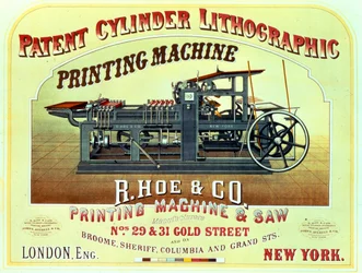 Plakat, das die Patent Cylinder Lithographic Printing Machine, R. Hoe & Co., London und New York bewirbt