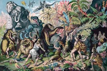 Prähistorischer Mensch kämpft gegen wilde Tiere