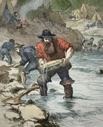 Goldsucher beim Goldwaschen während des kalifornischen Goldrauschs von 1849