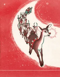 Rudolph, das rotnasige Rentier führt den Schlitten des Weihnachtsmanns