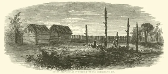 Ruinen von Garretts Scheune und Nebengebäuden in der Nähe von Port Royal, wo Booth erschossen wurde, April 1865