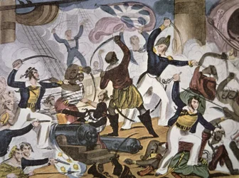 Matrosen der Royal Navy entern ein algerisches Piratenschiff, ca. 1820