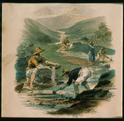 Szene am Zweig des Sacramento im Jahr 1597, Illustration aus California, its past history, its present position, its future prospects von G.A. Fleming, 1850