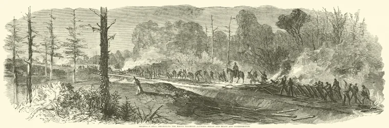 Shermans Armee zerstört die Macon-Eisenbahn zwischen Rough and Ready und Jonesborough, August 1864