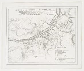 Skizze des Gefechts bei Petersburg: zwischen der königlichen Armee unter dem Kommando von Major Gel. Phillips und der amerikanischen Armee unter dem Kommando von Major Genl. Steuben, bei dem letztere besiegt wurden, 25. April 1781