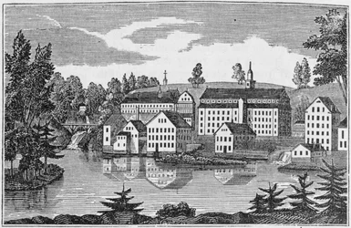 Südostansicht der Fabriken bei Yantic Falls, Norwich, aus 