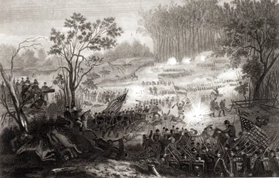Die Schlacht bei Pittsburg Landing, graviert von H. B. Hall, 1862