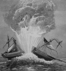 Der erste Torpedo, erfunden von Robert Fulton (1765-1815), sprengt die dänische Brigg 