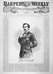 Die Titelseite von Harper’s Weekly nach der Ermordung Abraham Lincolns (1809-65) mit einer Illustration von John Wilkes Booth (1838-65), 29. April 1865