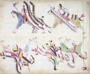 Kriegspartei kehrt nach Hause zurück, Illustration aus dem Black Horse Ledger, 1877-79