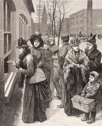 Frauen bei der Stimmabgabe in Cheyenne, Wyoming, USA (Lithografie)