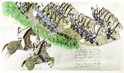 Beginn der Schlacht am Little Big Horn River, Montana, 25. Juni 1876. Prärie-Indianer und US-Kavallerie. Nach einem Gemälde des Sioux-Indianers Amos Bad Heart Buffalo.
