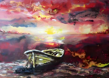 Lebendiges Sonnenuntergangs-Ruderboot