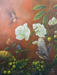Weiße Orchideen und Vögel