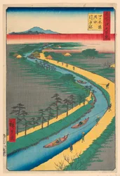 Schleppen von Kanalbooten, Yotsugi-Straße, aus der Serie Hundert berühmte Ansichten von Edo