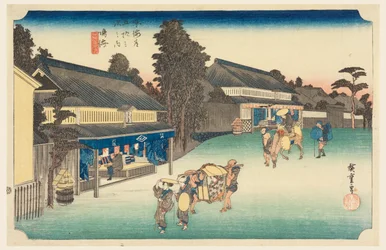 Narumi, ein für seine Stoffe berühmter Ort, in den 53 Stationen der Tokaido-Straße