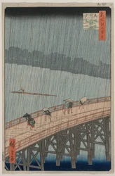 Plötzlicher Regenschauer über Shin-Ohashi-Brücke und Atake..., 1857