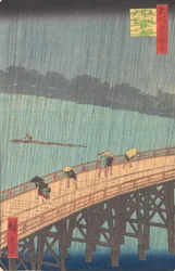 Plötzlicher Regenschauer über Shin-Ohashi-Brücke und Atake Ohashi Atake no yudachi, aus der Serie..., 1857