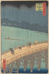 Plötzlicher Regenschauer über der Shin-Ohashi-Brücke und Atake Ohashi Atake no yudachi, aus der Serie..., 1857
