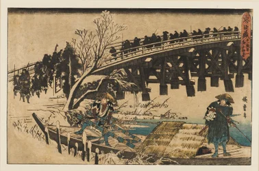 Holzschnitt - Zwei Männer in einem Boot unter einer Brücke, 1797-1858