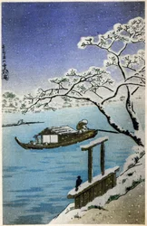 Geographie. Japan. Fluss im Winter. Holzschnitt von Hiroshige in: Dreiundfünfzig Stationen des Tokaido (1833-1834). Postkarte, Japan, ca. 1900