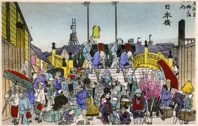 Geographie. Japan. Das Morgenrot an der Nihonbashi (1. Station). Holzschnitt von Hiroshige in: Dreiundfünfzig Stationen des Tokaido (1833-1834). Postkarte, Japan, ca. 1900