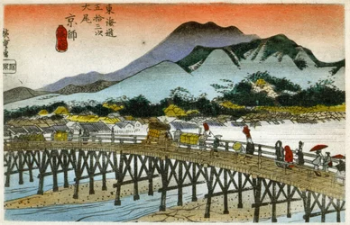 Geographie. Der Morgenglanz am Nihonbashi (55. Station). Holzschnitt von Hiroshige in: Dreiundfünfzig Stationen des Tokaido (1833-1834). Postkarte, Japan, ca. 1900