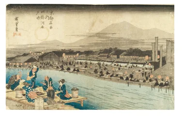 Kühle des Abends am Shijo-Flussufer aus der Serie Berühmte Orte in Kyoto, um 1833-1834