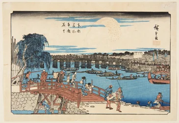 Feuerwerk an der Ryōgoku-Brücke (Farbholzschnitt)