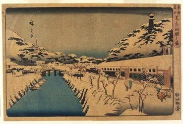 Schnee auf der Akabane-Brücke in Shiba, 1844-45