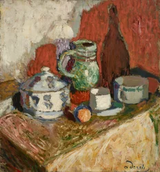 Stillleben mit Suppenschüssel und Flasche