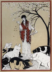 Odyssee von Homer: Die Hexe Circe und die Gefährten des Odysseus, die in Schweine verwandelt wurden. Illustration von Andre Bonamy (1880-1943) in „Le retour d