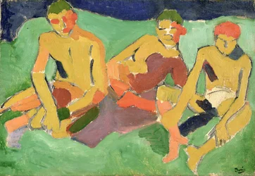Drei Figuren auf Gras sitzend