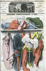 Karnevalskostüme, ein Kanonieranzug für Napoleon III., die republikanische Mütze für Duvernois, ein Henkerkostüm für Bismarck... Titelblatt in "L