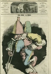 Ch... wagt, Illustration eines Harlekins mit einem Schnabel und einem Horn auf Bauch und Rücken. Titelblatt in „L