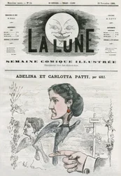 Porträt von Adelina (1843-1919) und Carlotta Patti (1835-1889), italienische Opernsängerinnen. Karikatur von Gill, in „The Moon“, 25. November