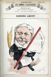 Porträt von Edmond About (1828-1885), französischer Romanautor, Dramatiker und Kunstkritiker. Karikatur von Gill, Paris.