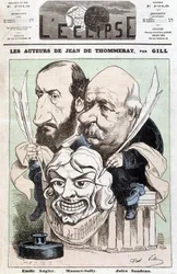 Porträt von Émile Augier und Jules Sandeau, Autoren des Stücks „Jean de Pommeray“, halten eine Maske, die das Gesicht des Komikers Mounet-Sully darstellt