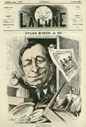 Porträt von Jules Mires (1809-1871), französischer Industrieller. Karikatur von Gill, in „The Moon“, 6. Oktober