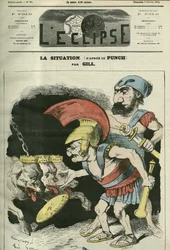 Die Situation, Karikatur von Adolphe Thiers (1797-1877) und Leon Gambetta (1838-1882), die einem Ministerium königliche und bonapartistische Hunde geben. Titelblatt in „L