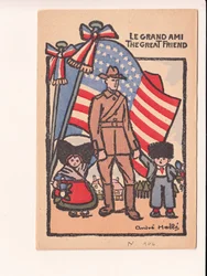 Postkarte, Satirisch in Farben: Le grand ami der große Freund - Krieg von 14-18, Amerika, Elsass-Lothringen Illustration von Andre Helle (1875-1945)