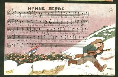 Postkarte, satirisch in Farben: Serbische Hymne - Krieg von 14-18, Lied, Serbien - Soldaten Illustration von Andre Helle (1875-1945)