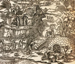 Indische Sklaven arbeiten in einer Mine auf Kuba, Illustration aus der Kosmographie von Andre Thevet