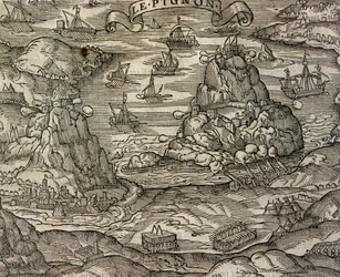 Seeschlacht bei der Insel Le Pignon, Stich aus Cosmographie universelle, von Andre Thevet (1504-1592), Paris