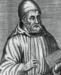 Porträt von John Duns, allgemein bekannt als Duns Scotus (1265 oder 1266-1308), schottischer Philosoph und Theologe, Gravur von Andre Thevet (1504-1592) aus Les vrais pourtraits et vies des hommes illustres grecz, latins et payens