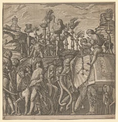Der Triumph von Julius Caesar: Elefanten tragen Fackeln