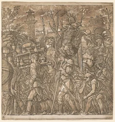 Der Triumph von Julius Caesar: Soldaten tragen Vasen und Kriegstrophäen, 1593-99
