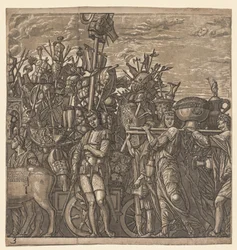 Der Triumph von Julius Caesar: Soldaten marschieren mit Kriegstrophäen
