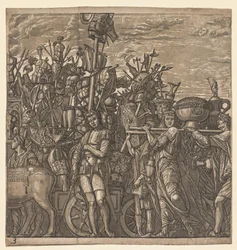 Der Triumph von Julius Caesar: Soldaten marschieren mit Kriegstrophäen, 1593-99