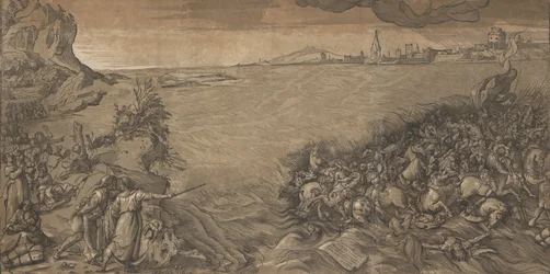 Die Überquerung des Roten Meeres, Moses steht links und zeigt auf die untergehende Armee..., 1589
